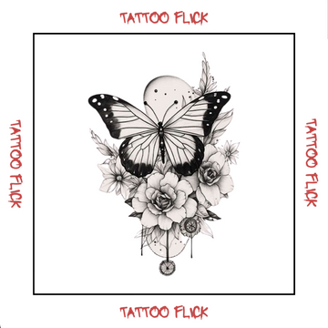 Black butterfly And Flowers - Temporary Tattoo