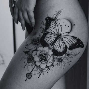 Black butterfly And Flowers - Temporary Tattoo